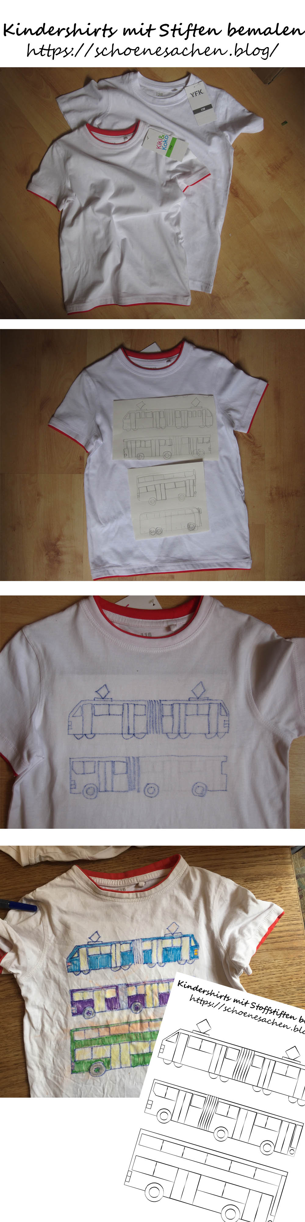 einfaches DIY-Projekt für Kinder: weiße Shirts werden mit Pferden und Bussen bemalen